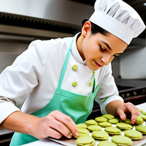 Home 4 **
"A professional pastry chef in a clean, bright bakery, carefully decorating pistachio macarons with delicate precision, fully clothed, appropriate attire, safe for work, perfect anatomy, natural proportions, professional food photography, high quality, focus on detail, modest apron, family-friendly"
**