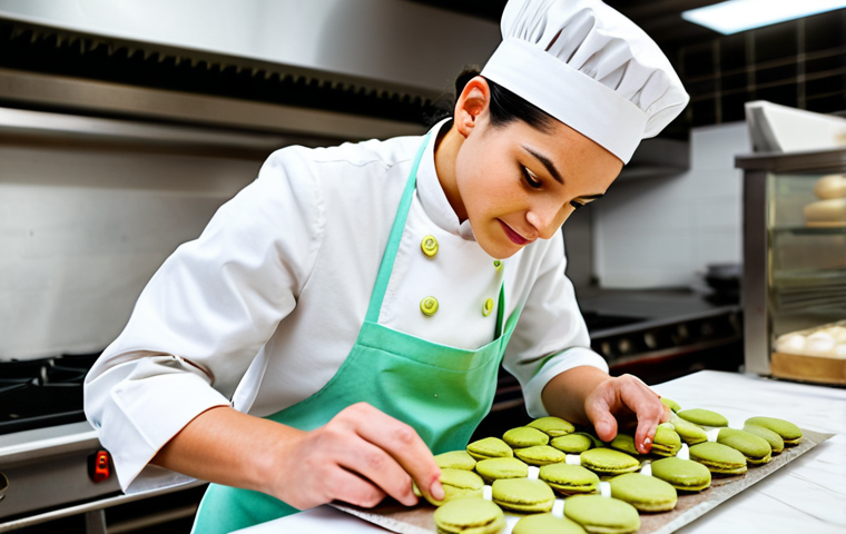 **
"A professional pastry chef in a clean, bright bakery, carefully decorating pistachio macarons with delicate precision, fully clothed, appropriate attire, safe for work, perfect anatomy, natural proportions, professional food photography, high quality, focus on detail, modest apron, family-friendly"
**